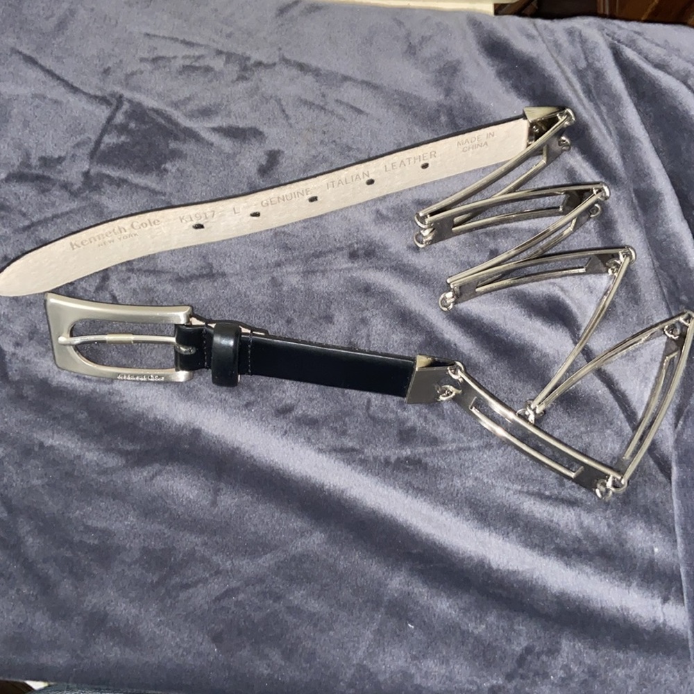 Kenneth Cole New York Leather Metal Belt Black and Silver Finish Large